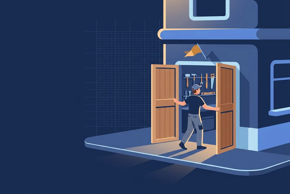 Illustration : un jeune artisan ouvre en grand les deux portes de son tout nouvel atelier au lever du soleil.