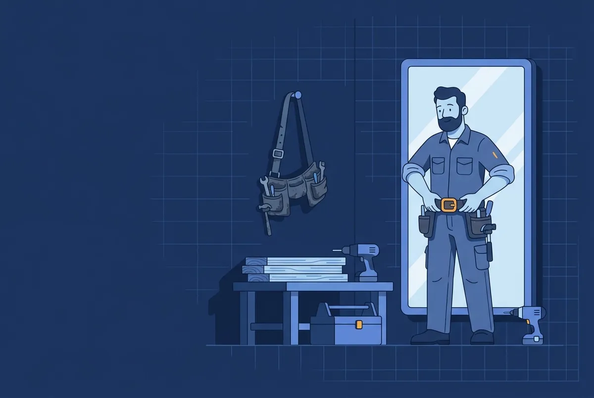 Illustration : un artisan essaie une ceinture à outils neuve devant le miroir, son ancienne ceinture accrochée à côté.