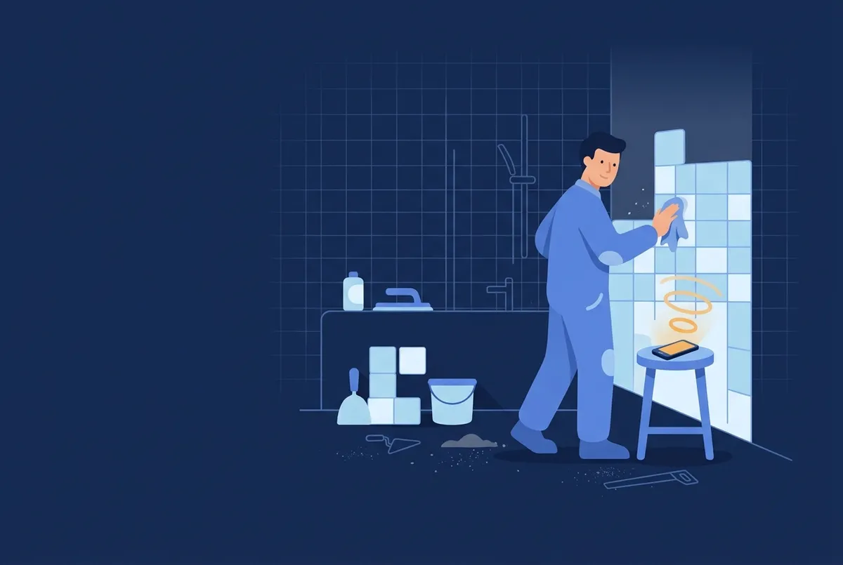 Illustration : le téléphone sonne doucement sur le tabouret pendant que l'artisan finit sa pose de carrelage et s'essuie les mains.