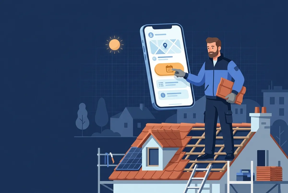 Illustration : un couvreur utilise son téléphone d'une main sur le toit, l'autre main tenant une tuile.