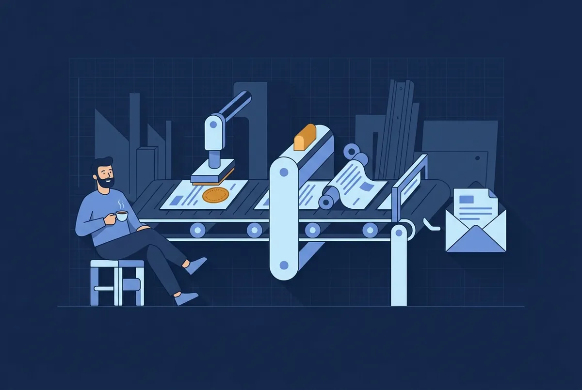 Illustration : les documents avancent seuls sur un petit convoyeur — tampon, pliage, enveloppe — pendant que l'artisan prend son café.