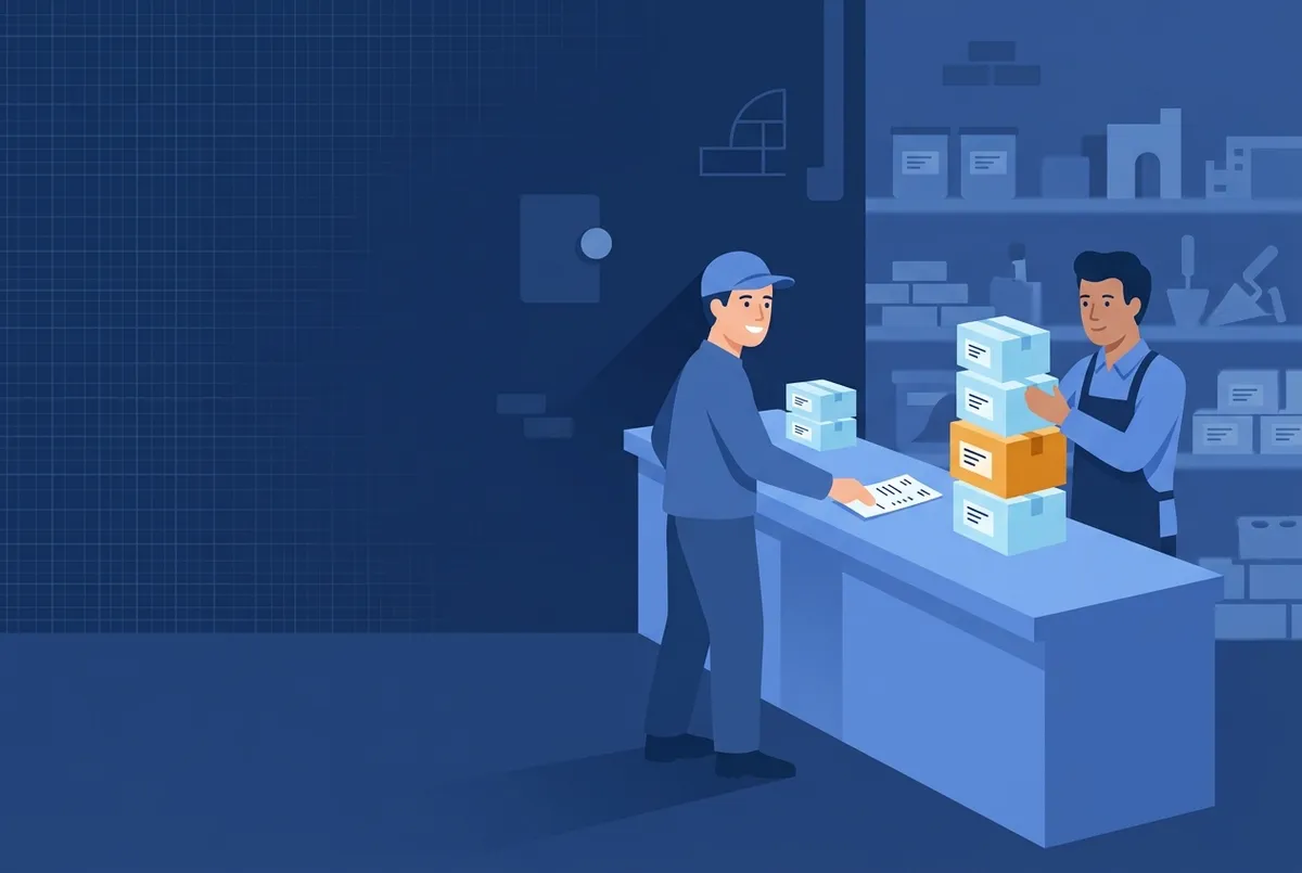 Illustration : un artisan tend son bon de commande au comptoir du négoce, les cartons s'empilent en face.