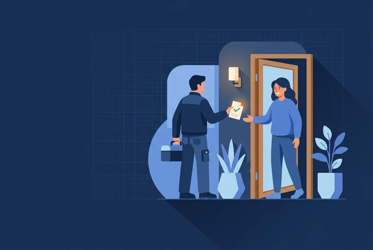 Illustration : un technicien remet le bon d'intervention coché à la cliente sur le pas de sa porte.