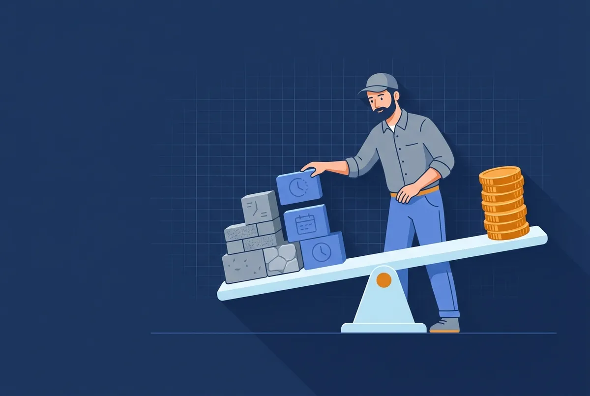 Illustration : un artisan équilibre une balance — matériaux et temps d'un côté, une pile de pièces légèrement plus lourde de l'autre.
