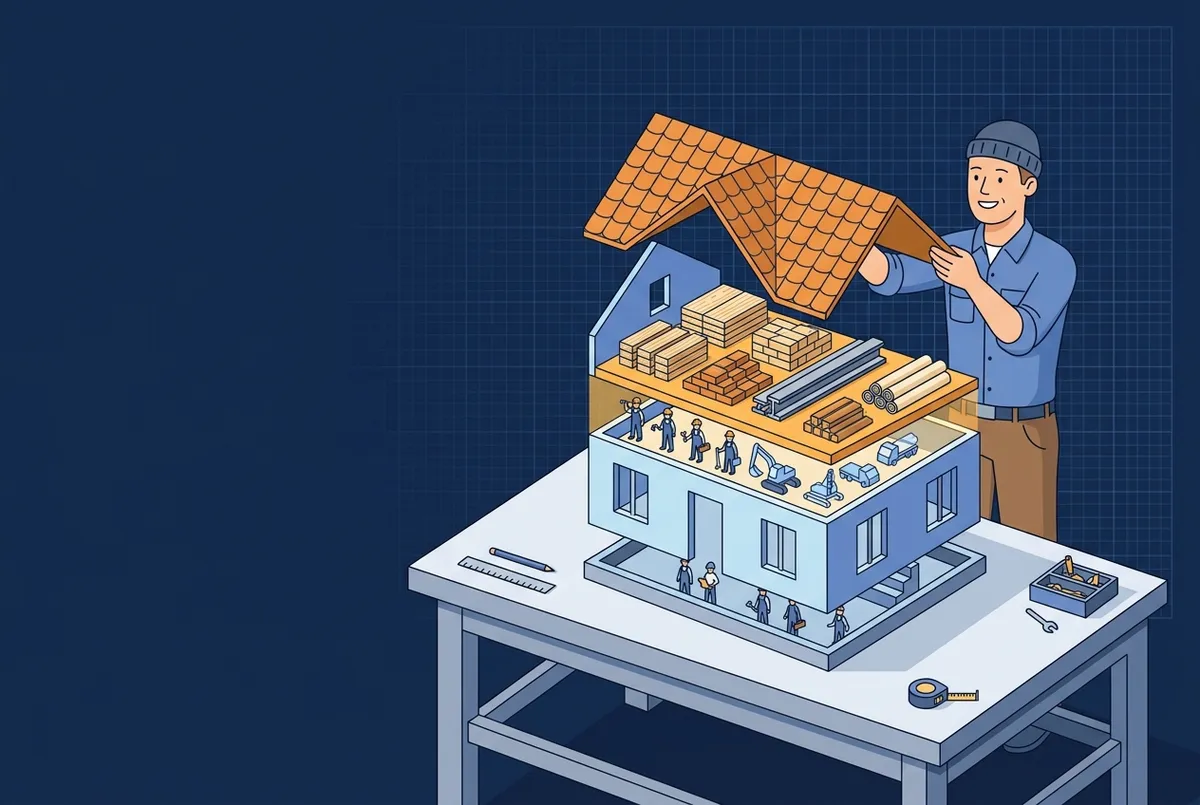 Illustration : un artisan soulève le toit d'une maquette de maison et découvre ses couches — matériaux, main-d'œuvre, matériel.