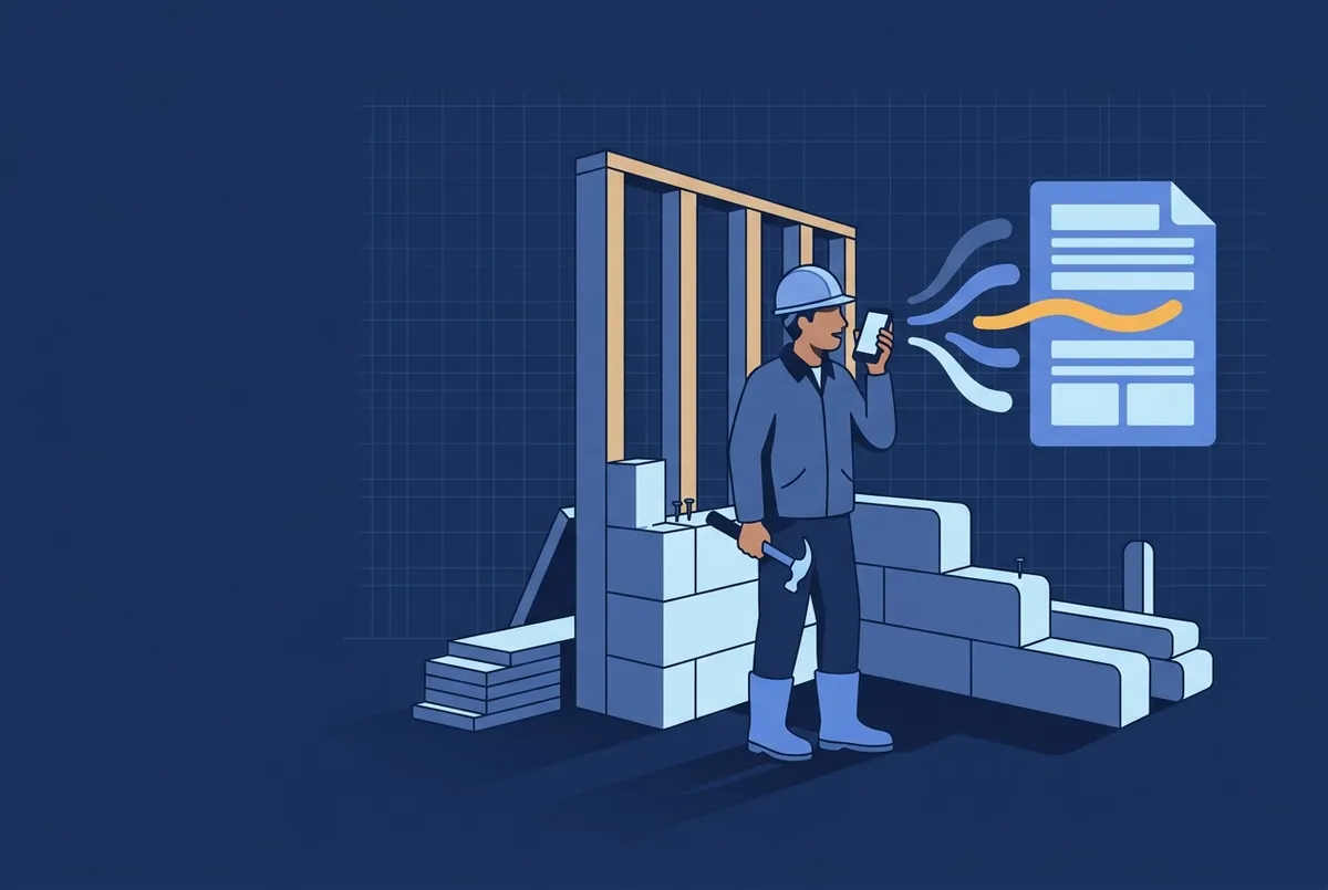 Illustration : un artisan dicte sur son téléphone, les ondes de sa voix s'assemblent en document structuré.