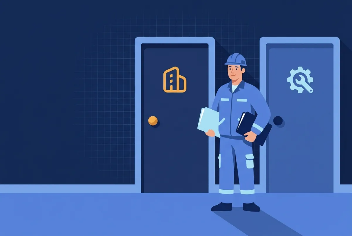 Illustration : un dirigeant entre deux portes de bureaux distinctes, un dossier sous chaque bras.