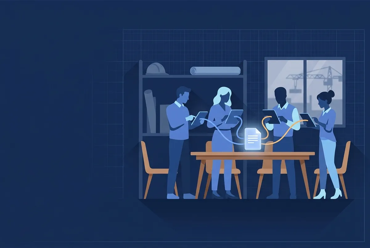 Illustration : quatre équipiers autour d'une table, chacun sa tablette, toutes reliées au même dossier central.