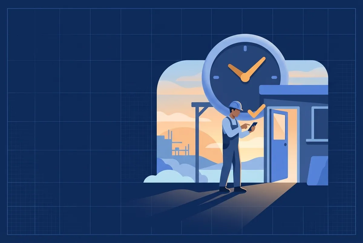 Illustration : un compagnon pointe sur son téléphone à l'entrée du chantier au lever du jour, une grande horloge au-dessus de lui.