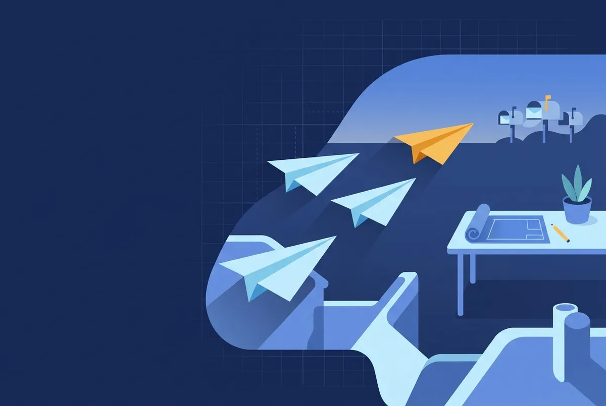 Illustration : trois avions en papier s'envolent en formation d'un bureau vers des boîtes aux lettres à l'horizon.