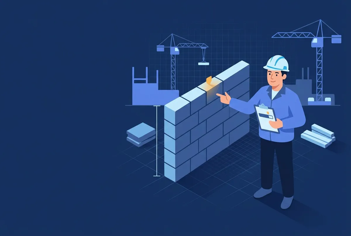 Illustration : un chef de chantier tient une jauge d'avancement aux deux tiers devant un mur à moitié monté.