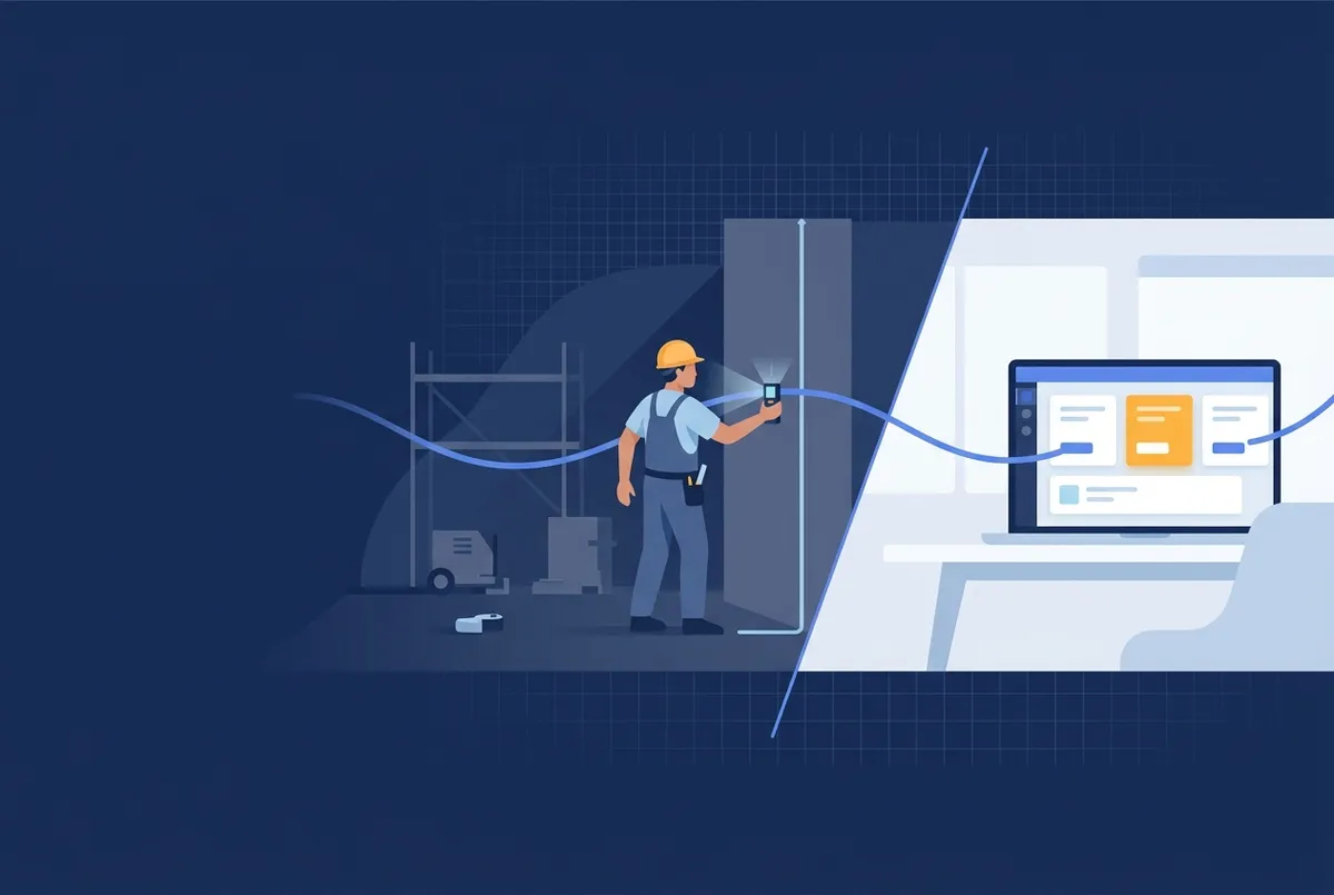 Illustration : à gauche un artisan mesure un mur sur chantier, à droite les mêmes données apparaissent sur un ordinateur portable.