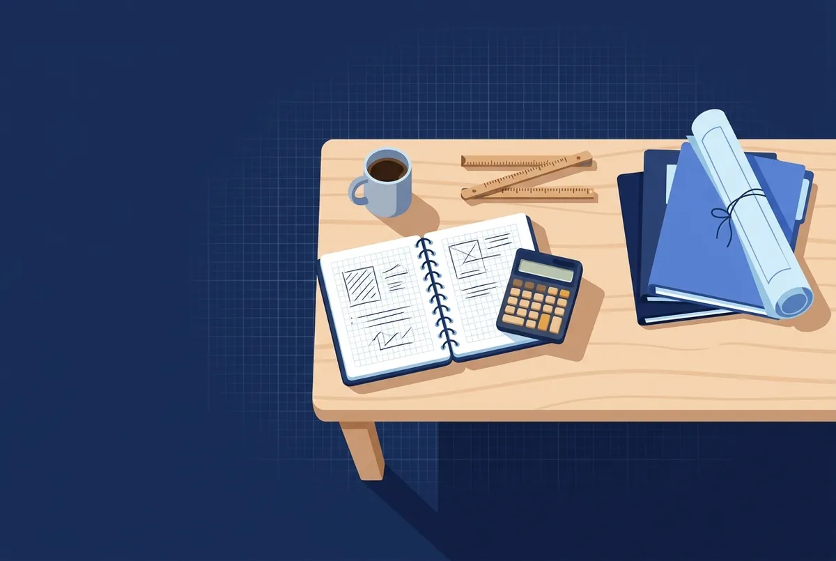 Illustration : un plan de travail vu de dessus avec carnet, calculatrice, règle pliante, dossiers et plan roulé.