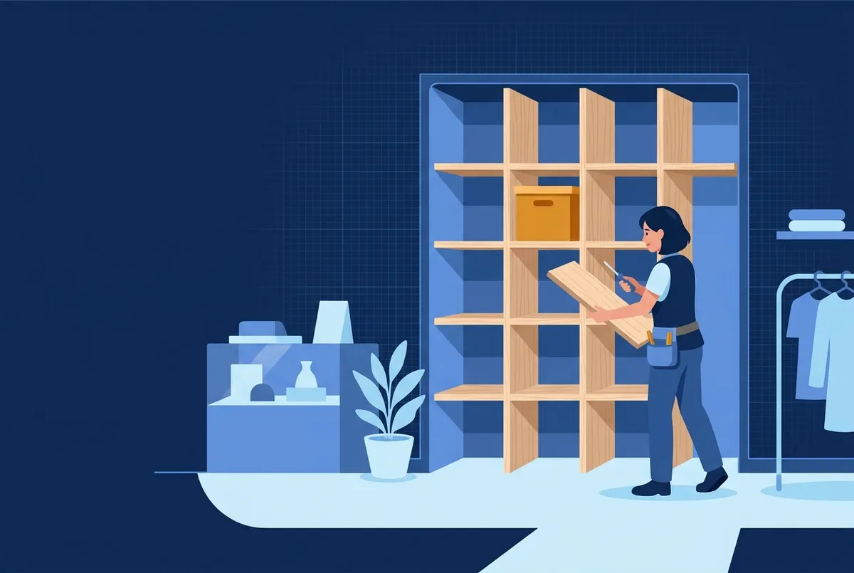 Illustration : un agenceur installe une étagère sur mesure dans une niche murale d'une boutique.