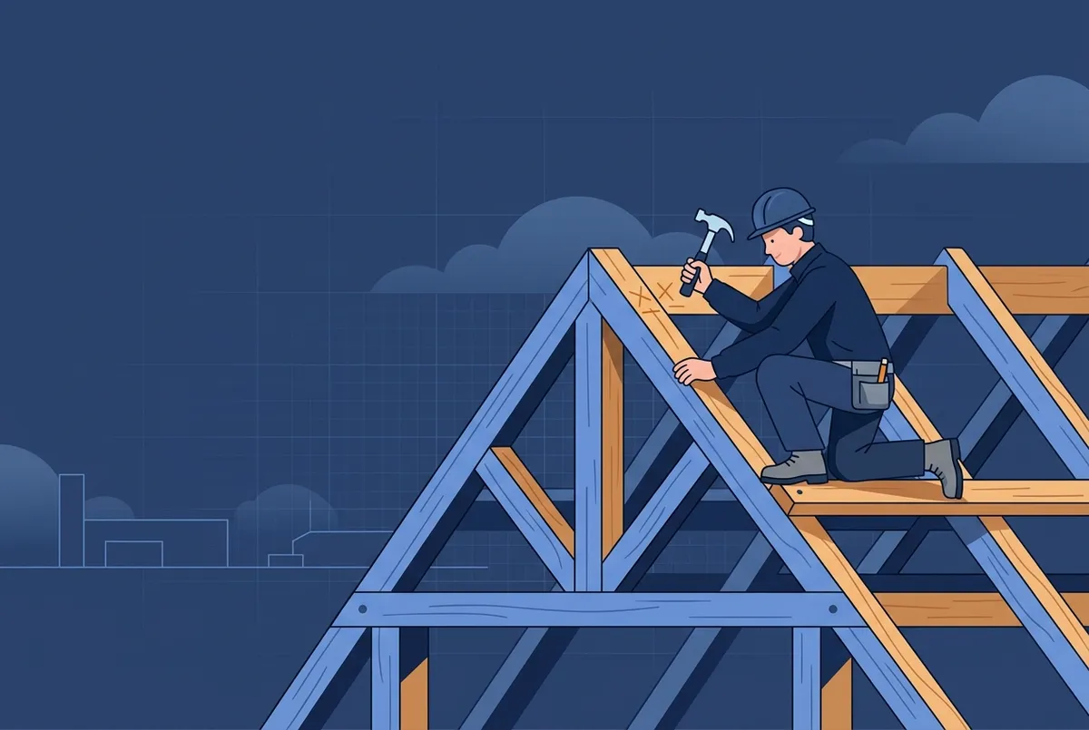 Illustration : un charpentier assemble une ferme de charpente en bois sur un toit en construction.