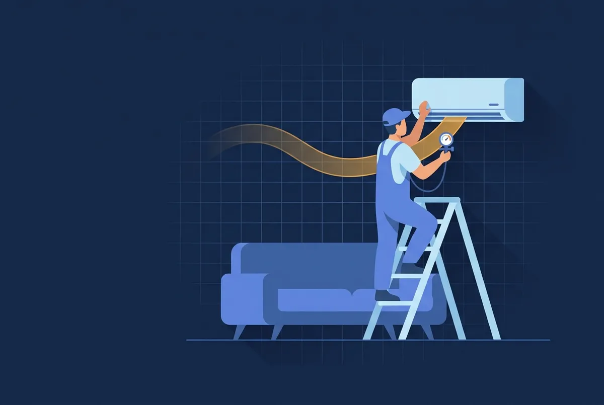 Illustration : un climaticien fixe une unité de climatisation murale depuis un escabeau dans un salon.