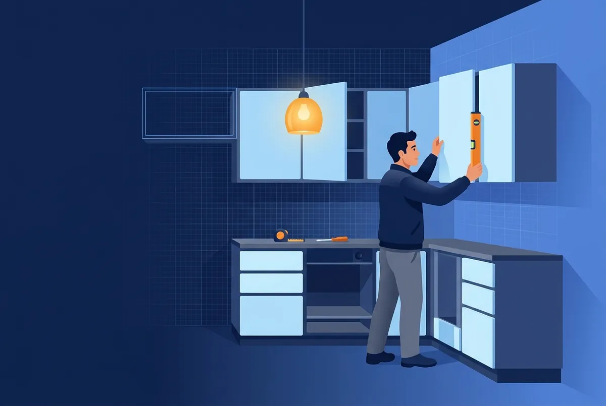 Illustration : un cuisiniste aligne un meuble haut au niveau à bulle dans une cuisine en cours de pose.
