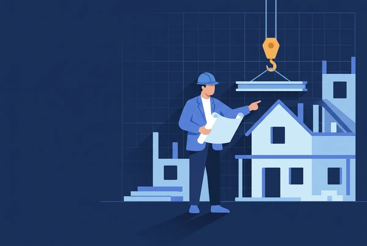 Illustration : un conducteur de travaux consulte un plan devant une maison en construction, grue en arrière-plan.