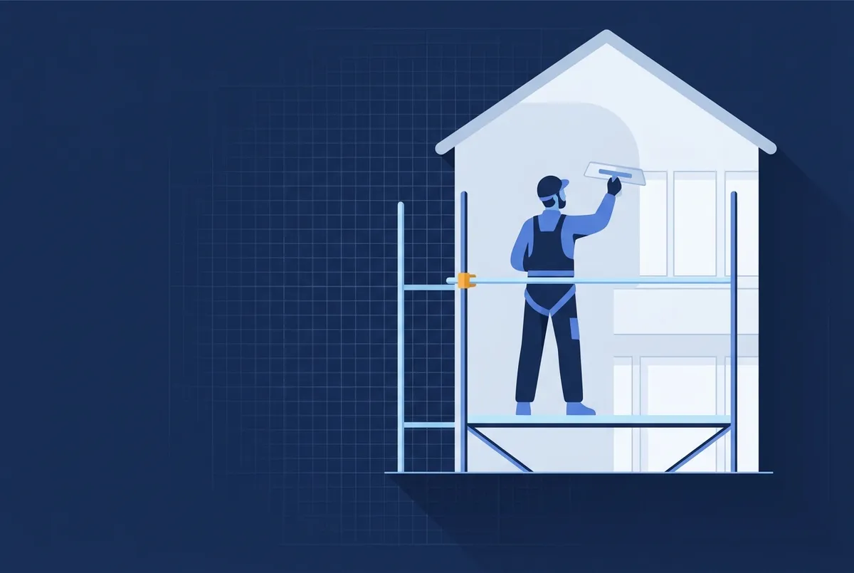 Illustration : un façadier lisse un enduit frais sur une façade depuis un échafaudage léger.