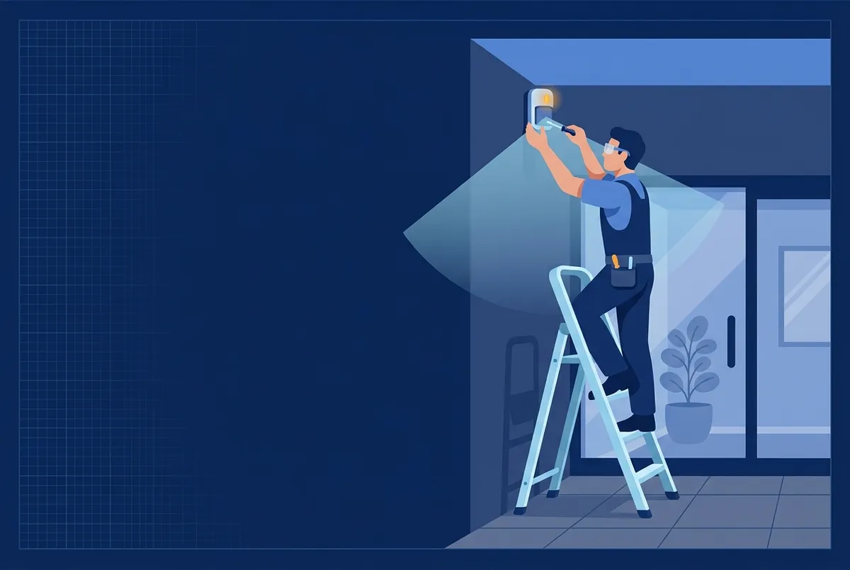 Illustration : un installateur fixe un détecteur d'alarme en hauteur, cône de détection stylisé.