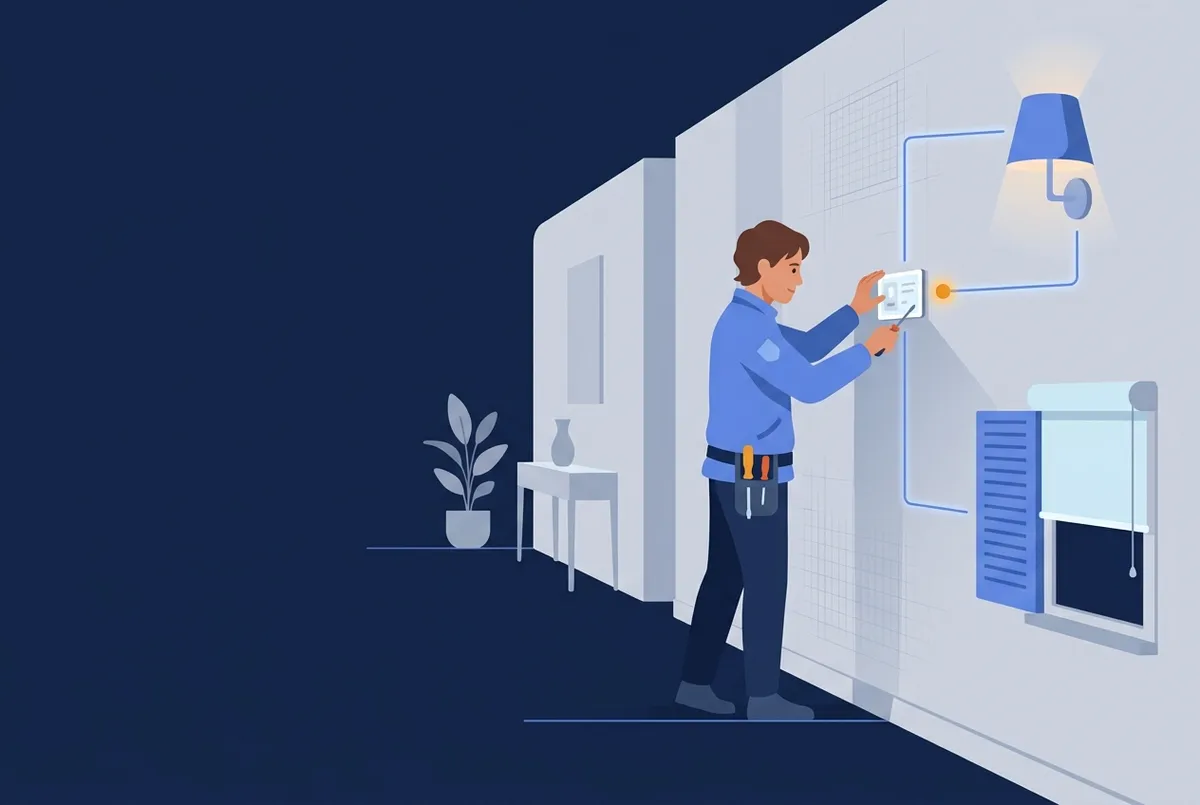 Illustration : un installateur domotique pose un écran de contrôle mural relié à une lampe et un volet.