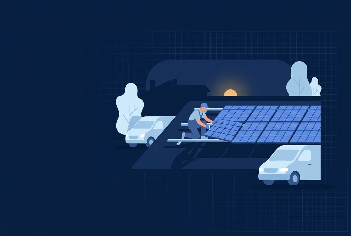 Illustration : un installateur boulonne un panneau photovoltaïque sur son rail, soleil haut dans le ciel.
