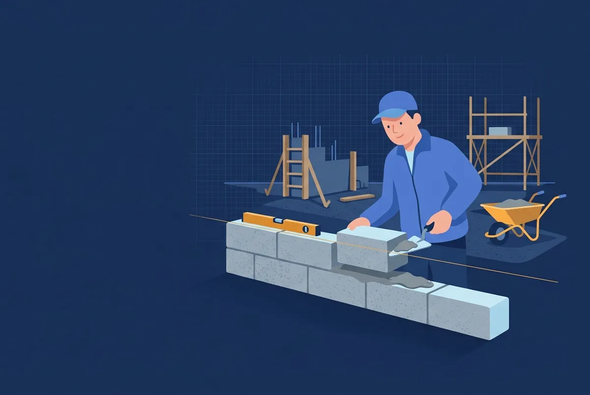 Illustration : un maçon pose un parpaing sur un mur, truelle et niveau posés à côté, brouette en arrière-plan.