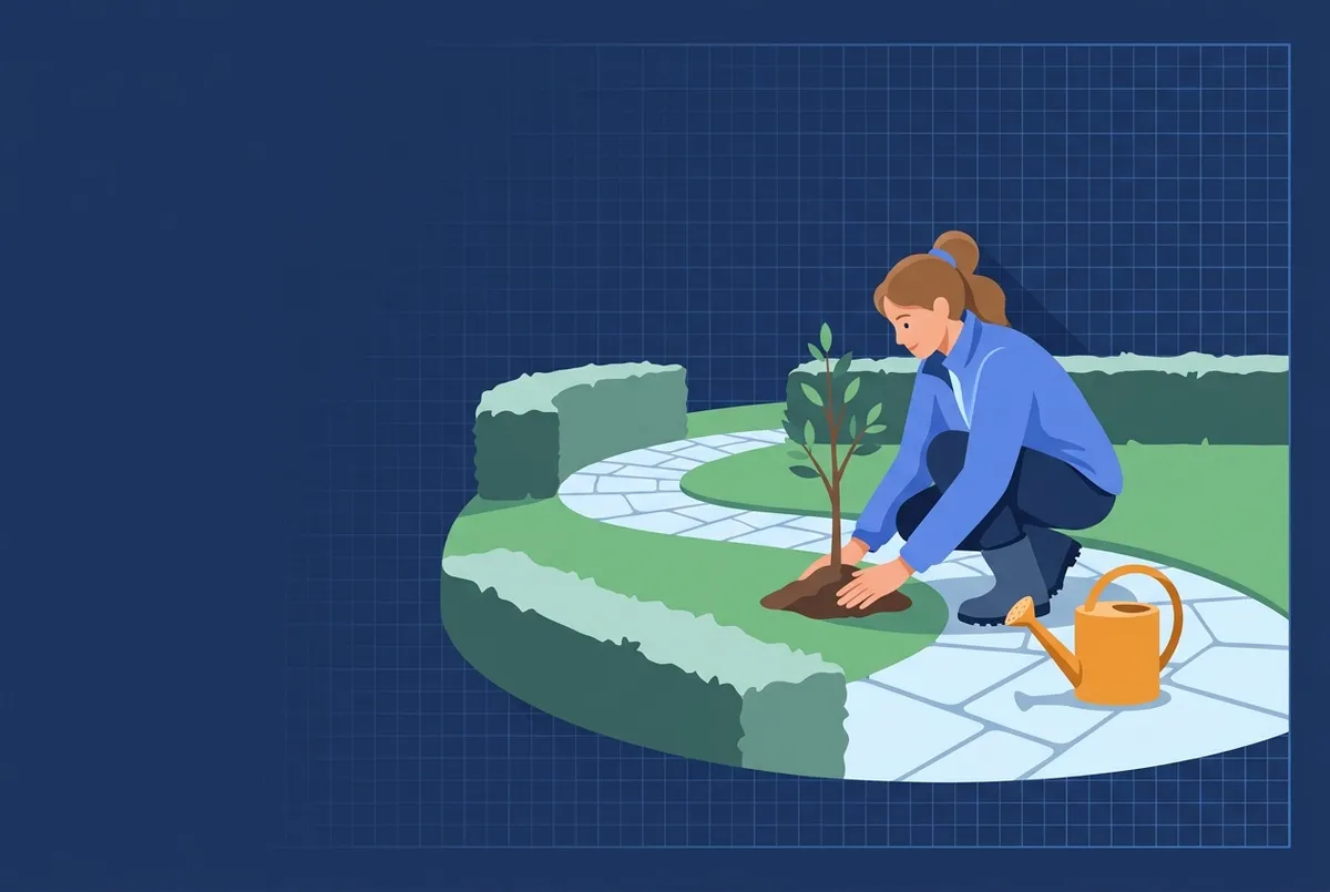 Illustration : une paysagiste plante un jeune arbre le long d'une allée en pierre, arrosoir posé à côté.