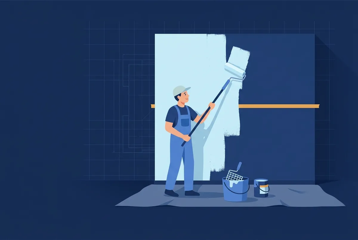 Illustration : un peintre applique une peinture claire au rouleau sur un grand mur, bâche et pot au sol.