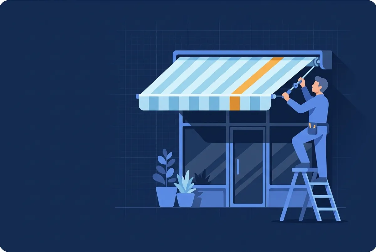Illustration : un storiste fixe un store banne à demi déroulé au-dessus d'une vitrine.