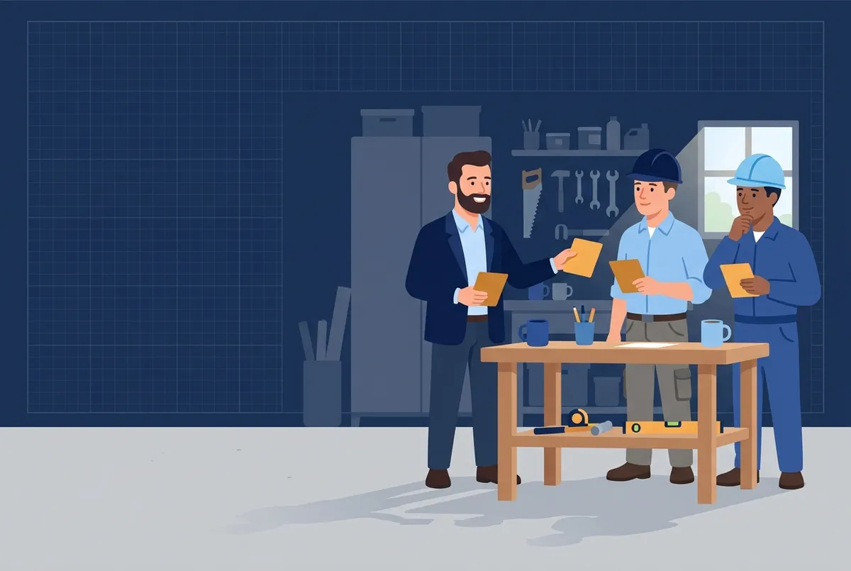 Illustration : le patron distribue les tâches du matin à ses deux compagnons autour de l'établi, cafés posés.