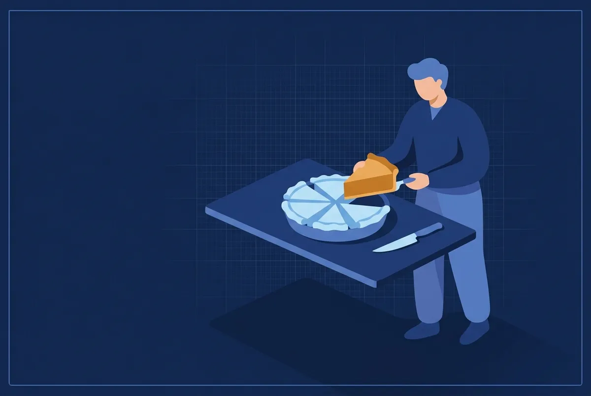 Illustration : un artisan soulève une part d'un gâteau découpé en parts de tailles différentes.
