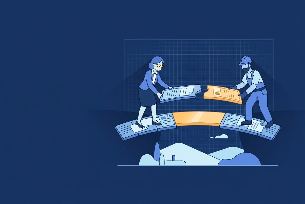 Illustration : l'artisan et l'expert-comptable posent chacun une planche-document pour faire se rejoindre leur pont.