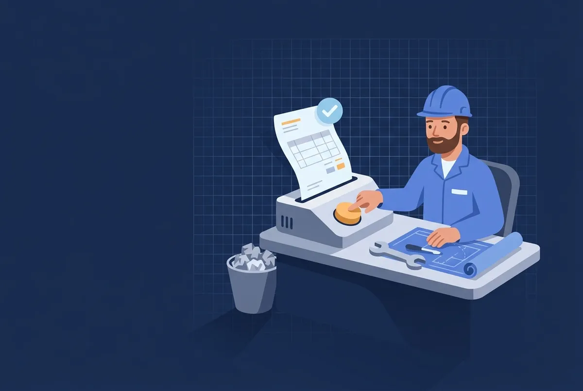 Illustration : un artisan appuie sur un seul grand bouton, la facture sort validée — les brouillons froissés restent au panier.