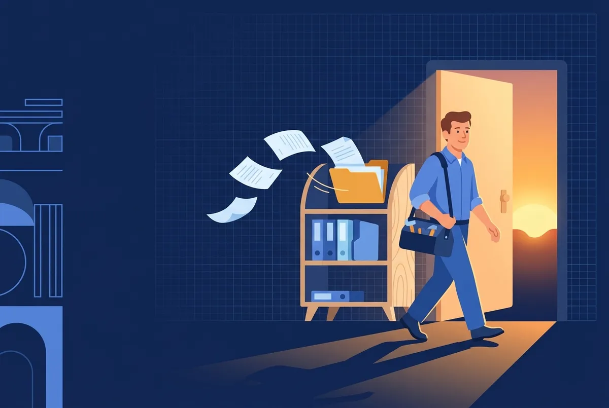 Illustration : un artisan quitte le bureau plus tôt, les papiers se classent tout seuls derrière lui vers la lumière du soir.