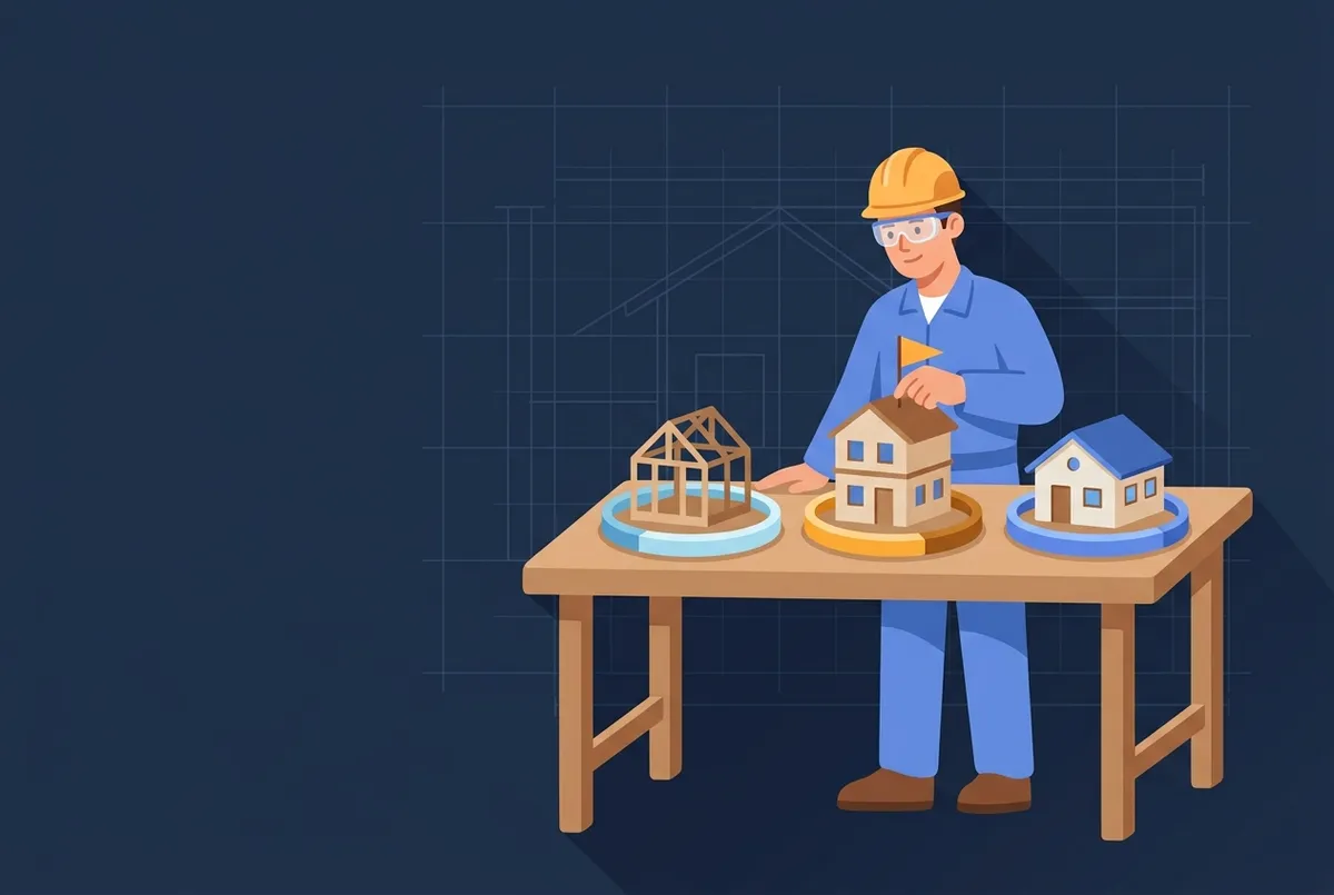 Illustration : un artisan plante un fanion d'avancement sur l'une de trois maquettes de chantiers à des stades différents.