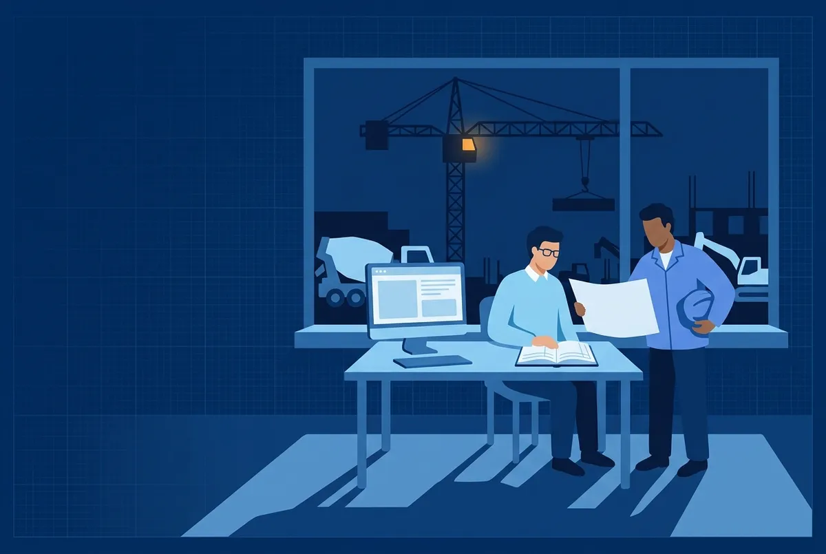 Illustration : le bureau d'une experte-comptable avec registre équilibré, et par la fenêtre un chantier avec sa grue au soleil couchant.