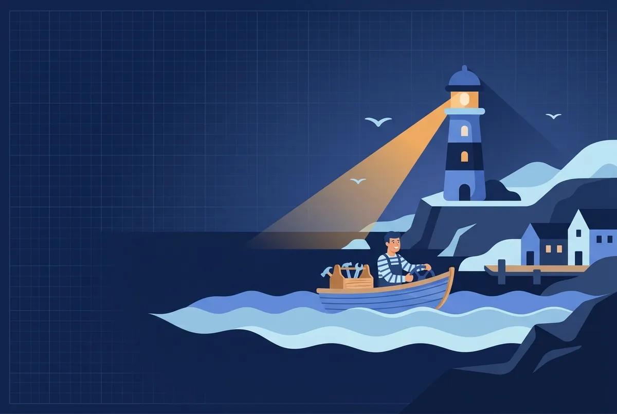 Illustration : un phare guide la petite barque de l'artisan et sa caisse à outils vers un port calme.