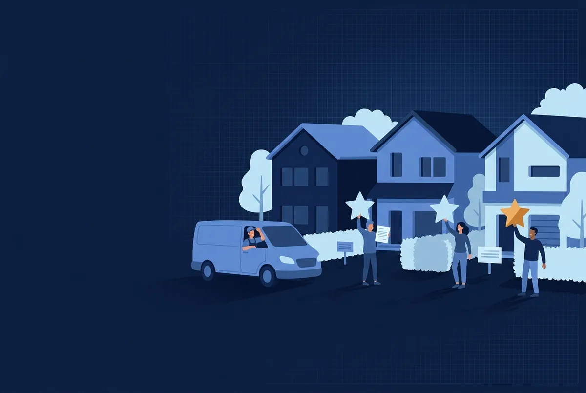 Illustration : des particuliers devant leurs maisons terminées lèvent chacun une étoile, l'artisan les salue depuis son fourgon.