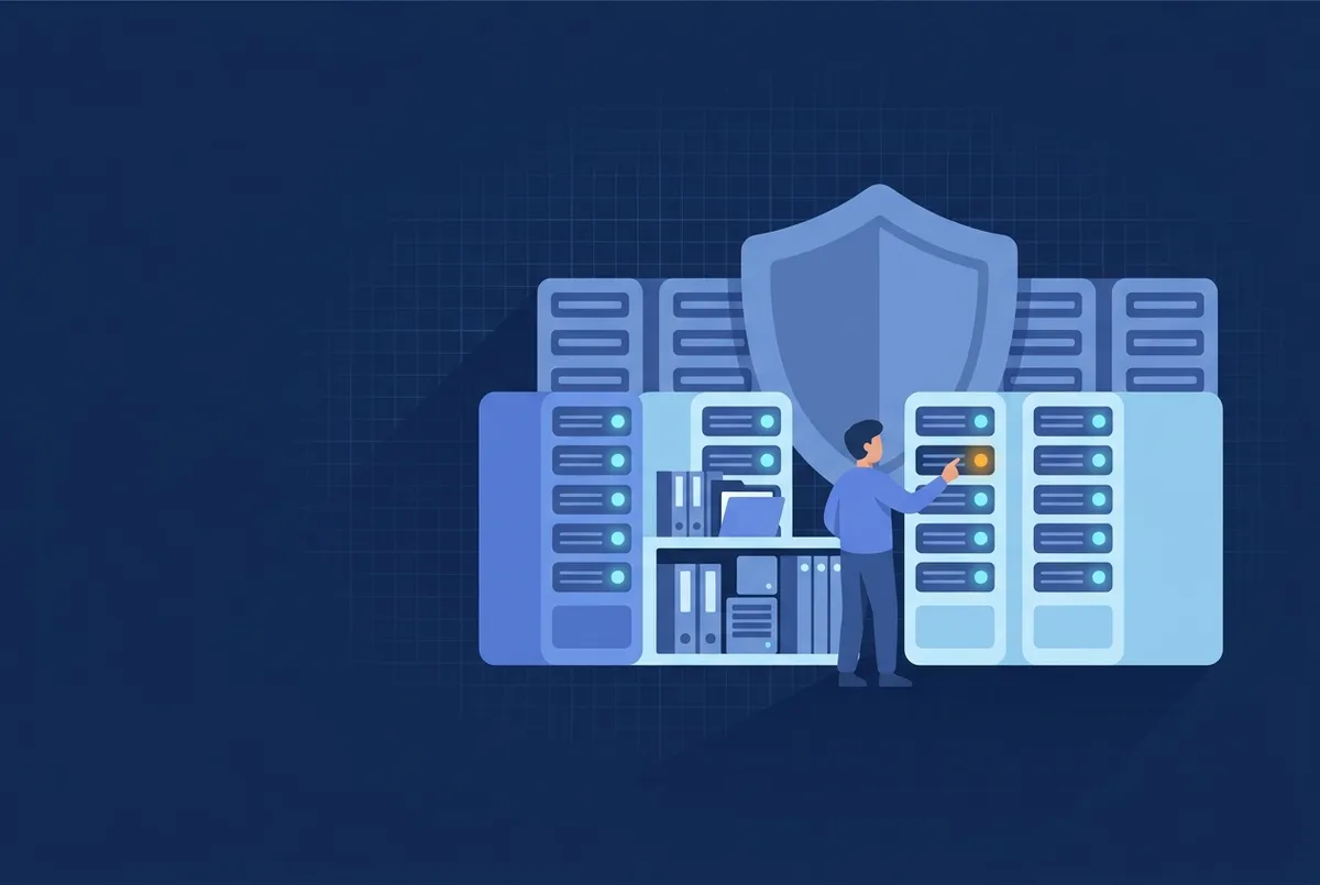 Illustration : une salle serveurs calme aux tours arrondies, grand bouclier en emblème, un technicien contrôle un voyant.
